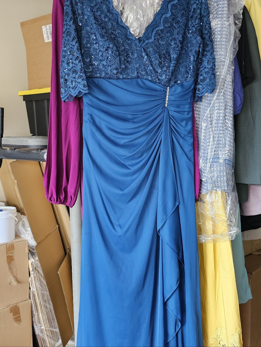Blue Lace & Satin Evening Dress - Elegant Ruched Gown